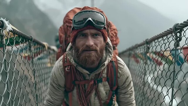 A closeup shot of a man with a full beard and mustache, wearing a red beanie, goggles, and a backpack. He stands on a chainlink bridge, looking directly at the camera with a contemplative.