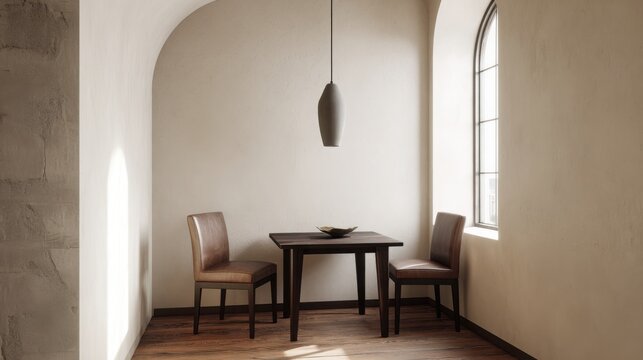 Minimal dining nook with a compact dark walnut table and two aged cognac leather chairs, warm cream limewash walls, single sculptural pendant light