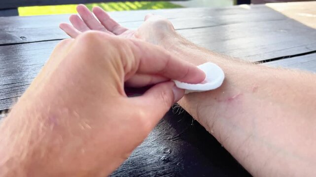 Close up POV shot of a person disinfecting cat scratch wounds on their arm using a wet antiseptic cotton pad outdoors on a wooden table. First aid concept.