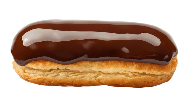 Chocolate eclair with glossy ganache topping isolated on a transparent background