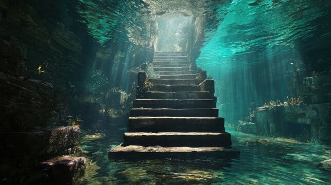 mysterious ancient stone staircase descending into a crystal clear turquoise lake, submerged ruins visible beneath the water, sunlight rays