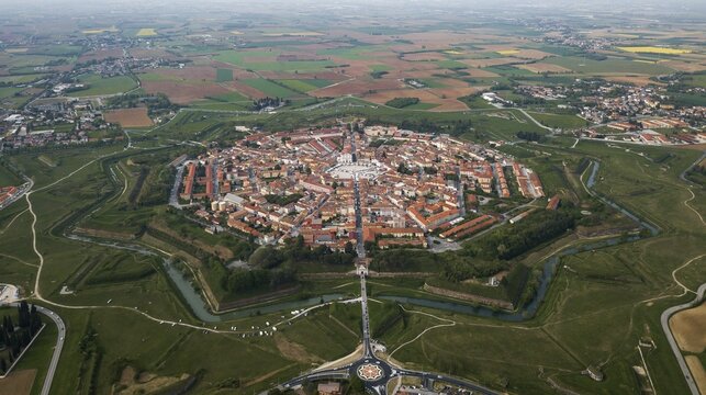 Aerial view, star-shaped city with city wall and moat, Palmanova, Northern Italy, Italy