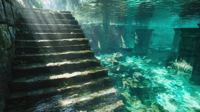 mysterious ancient stone staircase descending into a crystal clear turquoise lake, submerged ruins visible beneath the water, sunlight rays