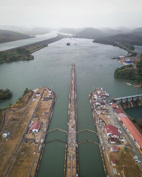 Aerial view, lock in the Panama Canal from above, Mirador Miraflores, Panama