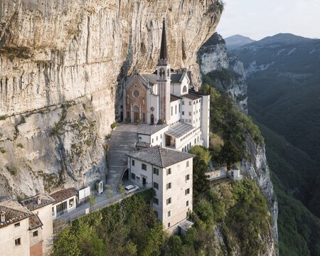 Aerial view, mountain church on the slope, Madonna della Corona, chapel near Spiazzi, Ferrara di Monte Baldo, province Verona, Veneto, Northern Italy, Italy