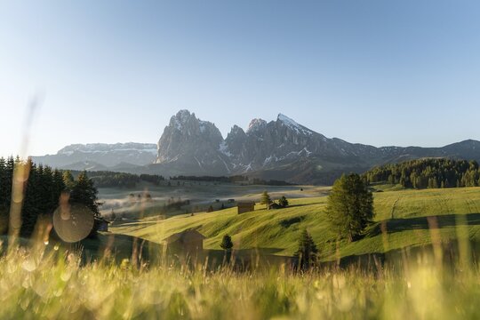 Hay barn and huts on misty meadows, behind Sassolungo and the Plattkofel, Alpe di Siusi, South Tyrol, Italy