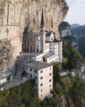 Mountain church Madonna della Corona, aerial view, Lake Garda, Italy