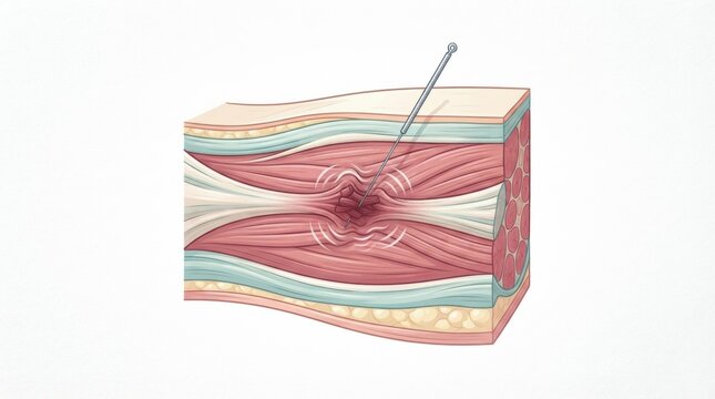 The illustration shows fascia connective tissue and myofascial anatomy with a needle targeting a trigger point in a body network.