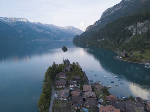 Aerial view, Iseltwald on Lake Brienz, Bernese Oberland, Switzerland