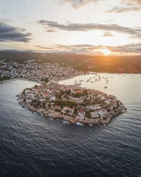 Aerial view, Primosten at sunrise, Croatia