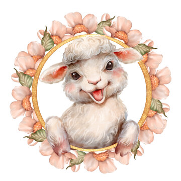 Hand-drawn cute lamb golden floral frame illustration