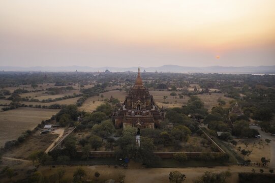 Aerial view, Htilominlo temple at sunset, Bagan, Myanmar