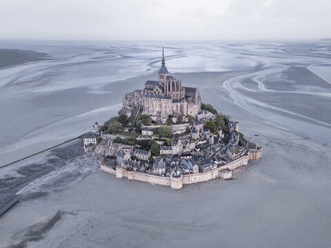 Aerial view, Mont St. Michel at low tide, Aerial view, Le Mont-Saint-Michel, Manche Department, Normandy, France