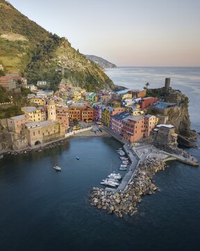 View Vernazza, aerial view, colorful houses, harbour, Cinque Terre, Liguria, Italy