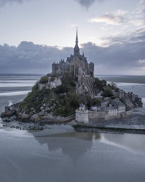 Mont St. Michel with cloudy sky, aerial view, Le Mont-Saint-Michel, Manche, Normandy, France