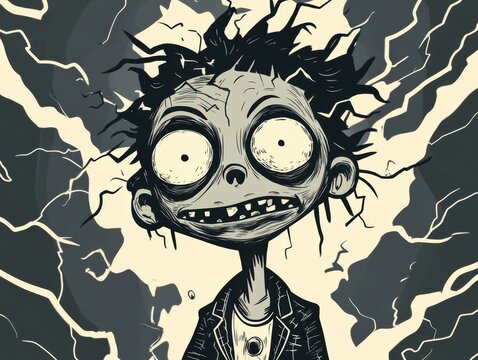 A spooky cartoon illustration of a zombie boy with pale green skin, wild black hair, and large round white eyes, set against a starry grey background.
