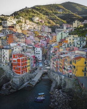 Aerial view, colourful houses, Manarola, Cinque Terre National Park, Liguria, Italy