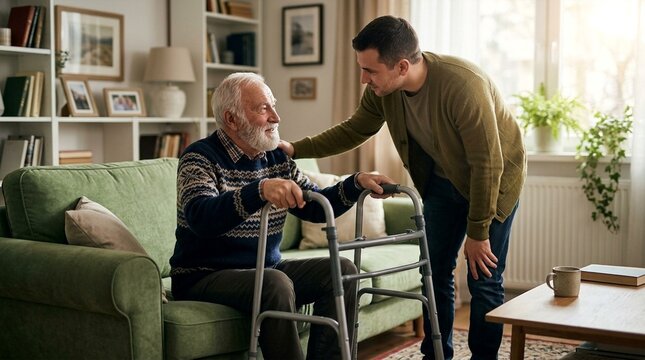 Caring for elderly man with walking frame by younger caregiver in sunny living room