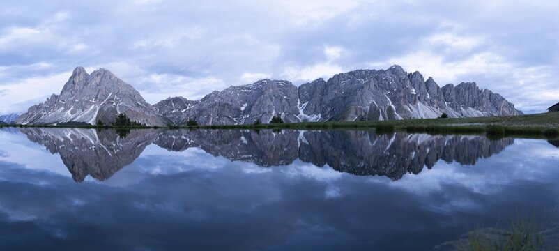 Panorama, Peitlerkofel with reflection in small lake, W&uuml;rzjoch, South Tyrol, Italy