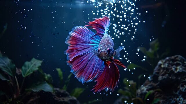 Slow motion tracking shot of betta fish swimming and displaying flowing fins in planted aquarium with rising bubbles and dramatic low light underwater mood