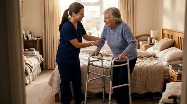 Caring Nurse Assists Elderly Woman with Walker in Cozy Bedroom