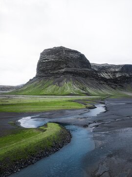 Aerial view, lava sand plane Skeidararsandur in front of the rock massif Lomagnupur or L&oacute;magn&uacute;pur, South Iceland