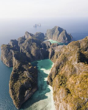 Aerial view, Koh Phi Phi Leh lagoons with turquoise water and Maya Bay, Tropical Island, Koh Phi Phi, Krabi Province, Thailand