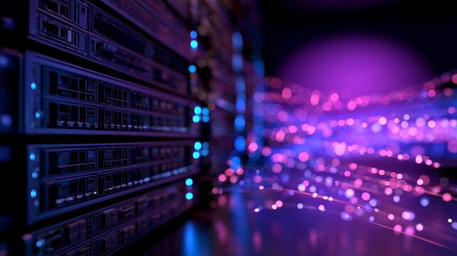 Server racks processing data with fiber optics network