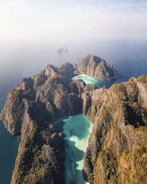 Aerial view, Koh Phi Phi Leh lagoons at sunrise, Koh Phi Phi, Krabi Province, Thailand
