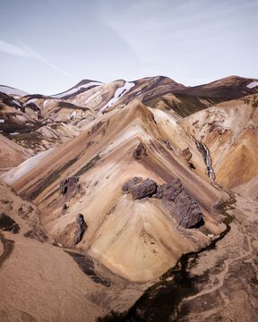 Aerial view, volcanic barren mountain landscape in the highlands, Landmannalaugar, Southern Iceland, Iceland