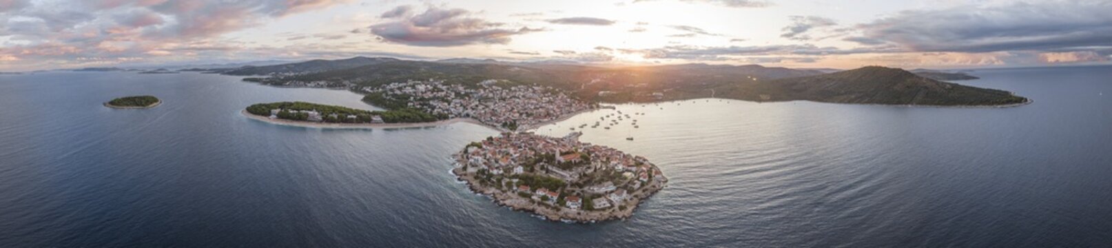 Aerial view, panorama, Primosten at sunrise, Croatia