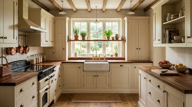 Charming Farmhouse Kitchen with Apron Sink and Exposed Beams