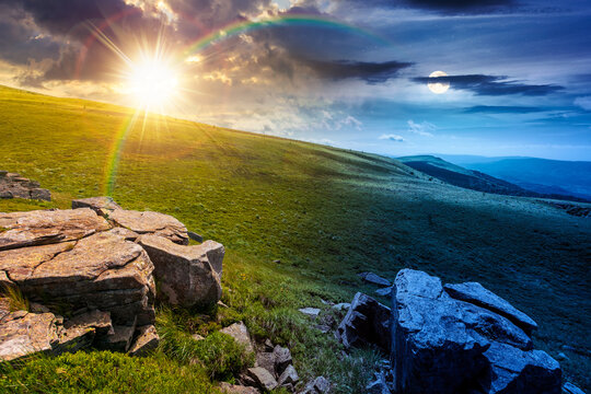carpathian mountain landscape on summer solstice. amazing background for outdoor adventure at twilight. transcarpathia green hill with rocks. day and night time change metaphor
