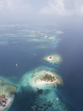 Aerial view, several tropical islands in the atoll, San Blas Islands, Panama