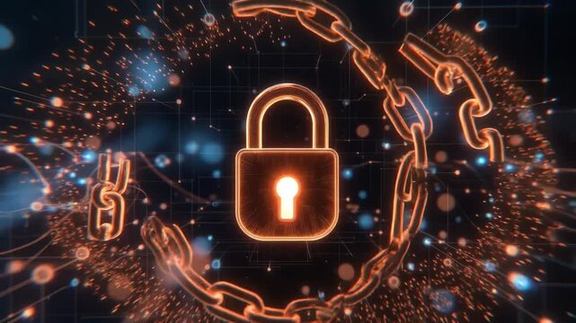 Padlock with linked chain in glowing neon style on dark digital background, concept of cybersecurity and data protection
