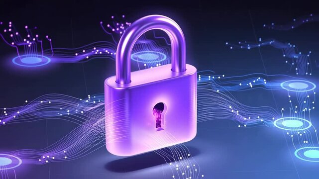 Purple padlock amid glowing circuit nodes in futuristic style on dark backdrop, concept of cybersecurity and data protection