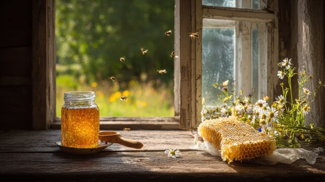 rustic wooden table beside an open farmhouse window with fresh honeycomb, glass jar of golden honey, wildflowers and a wooden spoon, bees flying