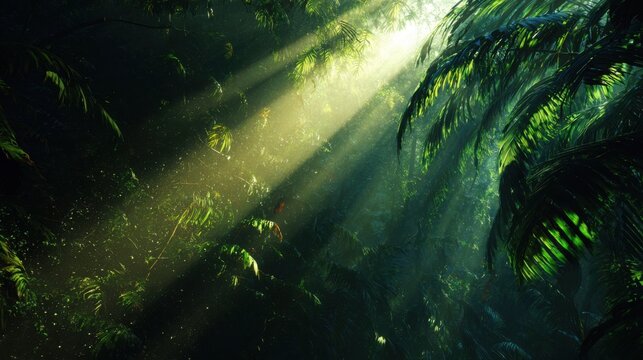 Spectacular tropical rainforest with a single intense shaft of sunlight penetrating the dense canopy, illuminating giant glossy leaves, ferns