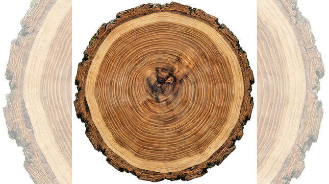 Cross section of a tree trunk showing annual growth rings isolated on white background