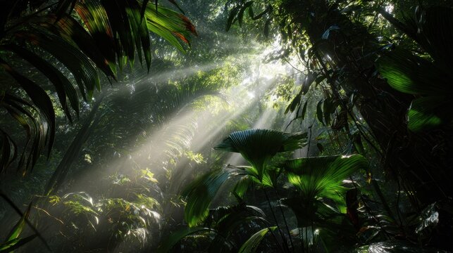 Spectacular tropical rainforest with a single intense shaft of sunlight penetrating the dense canopy, illuminating giant glossy leaves, ferns