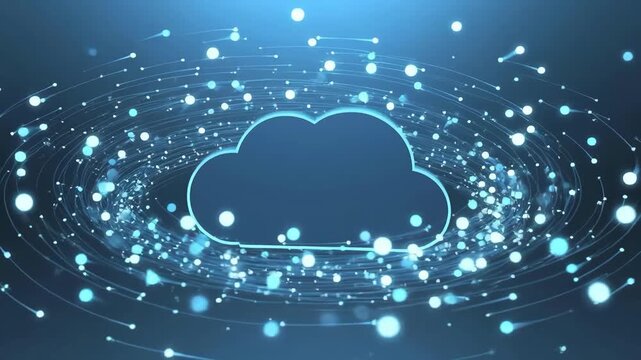 Cloud icon surrounded by glowing particle lines in a digital style on a dark blue background, symbolizing data technology