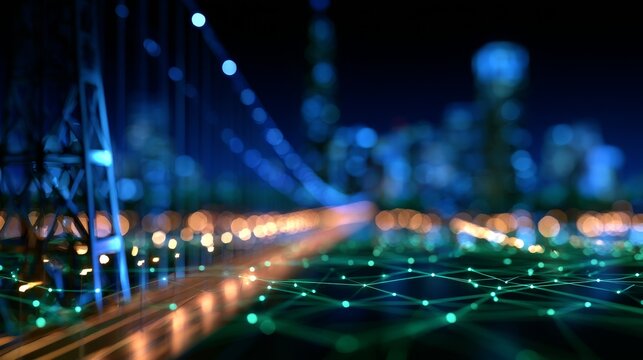 Digital network connecting smart city infrastructure at night