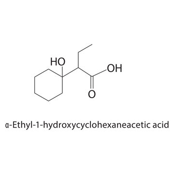 &alpha;-Ethyl-1-hydroxycyclohexaneacetic acid skeletal structure. hydroxy acid compound schematic illustration. Simple diagram, chemical formula.