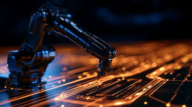 Robotic arm building circuit board with glowing lines