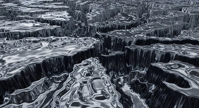 Liquid mercury rippling violently in abstract dark metallic landscape