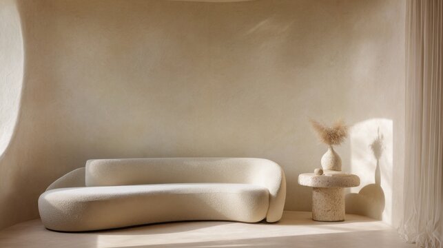 Ultra minimal elegant beige living room with one oversized curved cream boucle sofa, sculptural stone side table, textured limewash walls, soft