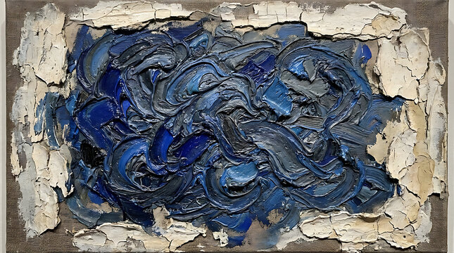 Abstract oil painting with thick impasto texture featuring swirling shades of deep blue, navy, and grey, framed by a border of cracked, weathered offwhite plaster or paint