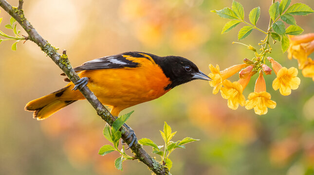 Wild male Baltimore Oriole songbird feeding from yellow trumpet vine flowers on a leafy tree branch in its natural habitat