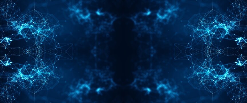 Abstract blue digital network background with glowing particles and data connection nodes.