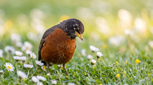 Wild American Robin songbird with a vivid orange breast standing in lush green grass surrounded by small white daisy flowers